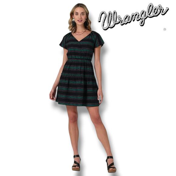 Wrangler Retro Women’s Black Green Striped Flutter Sleeve Cotton Dress – Medium - Picture 7 of 8